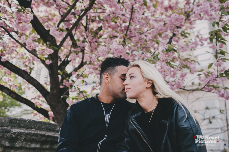 Blossom tree in London and couple on their engagement shoot