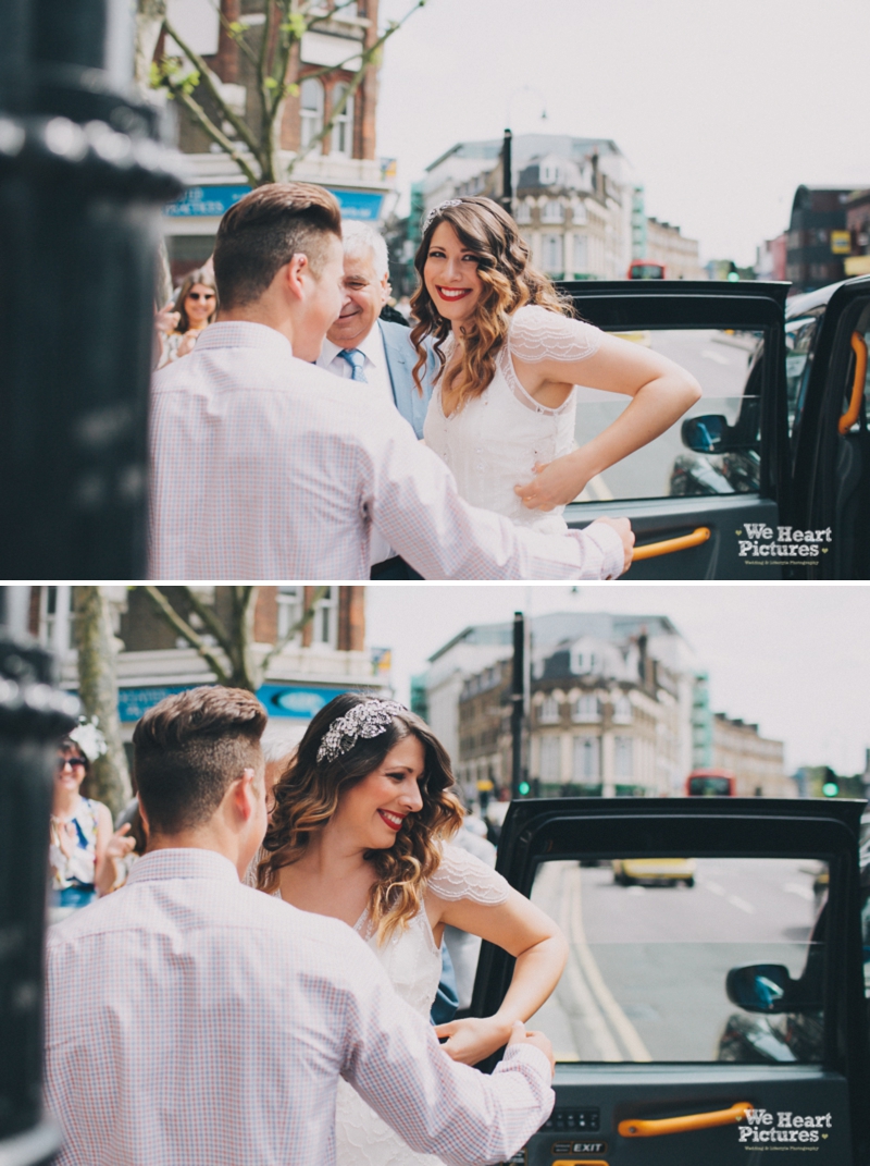 Bride arrival at the church in black cab, Wedding Days covered in Style and rich Visual imagery, London Alternative Wedding Photographer, Reportage Wedding Photography in London