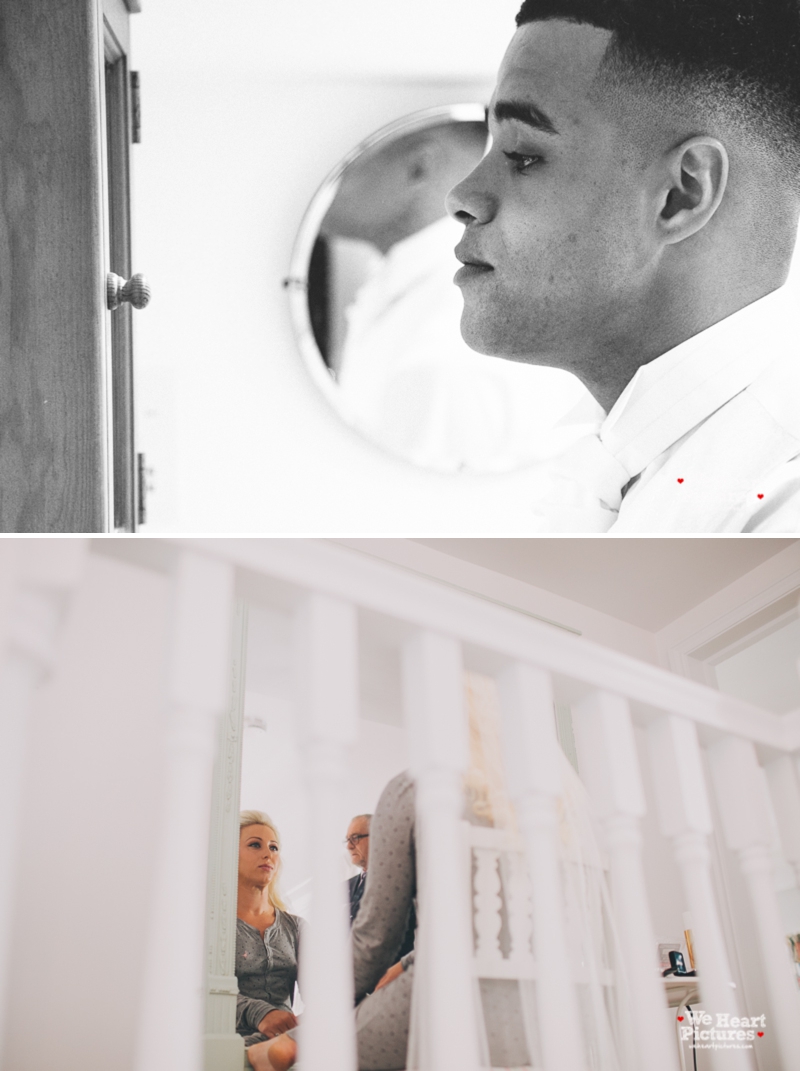 Groom staring at mirror, Reportage of a morning on a wedding day in St albans, Ivi Hearts wedding deco, Alternative Wedding Photography In London, Pastel Tones wedding