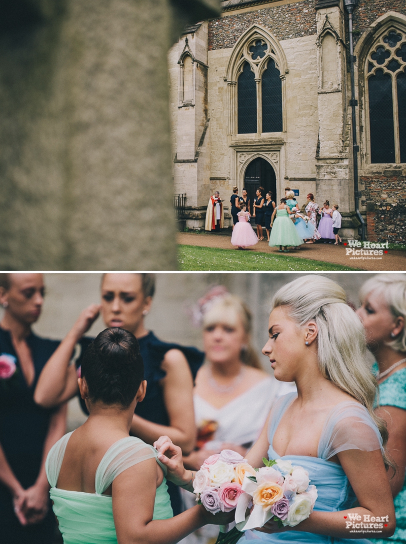 Bridal PArty waiting outside cathedral, St Albans Cathedral Wedding | London Alternative Wedding Photography, Reportage of a wedding Day 