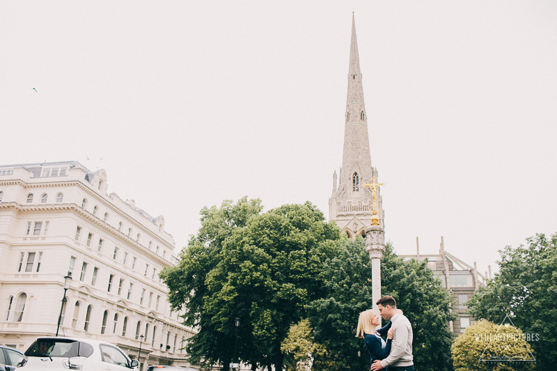 Couple hug in Lancaster Gate