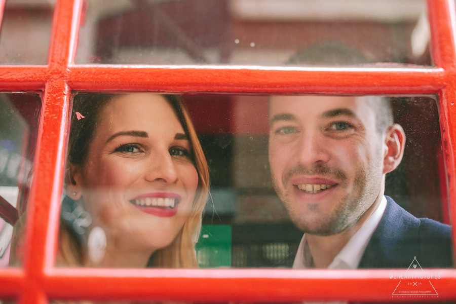 Couple kissing in London red phone booth, Tower Bridge, Alternative Wedding Photographer, Engagement Shoot, London in the Autumn, St Katharine Dock