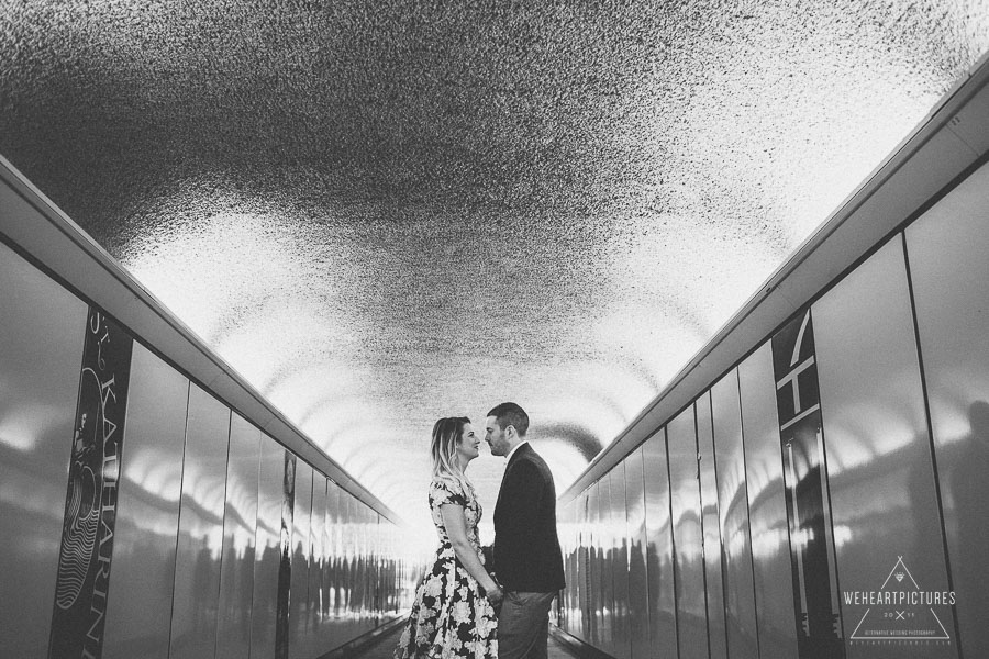 Couple in Subway cross, Alternative and creative Wedding Photography, Engagement Shoot, London, St Katharine Dock
