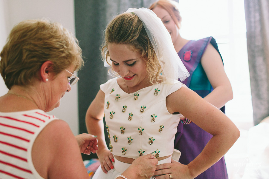 Getting Ready_Bride with Pineapples on dress _Wedding Breakfast_Caroline_Gardens_Asylum_chapel_Alternative_Wedding_Photography_Bridal Portraits