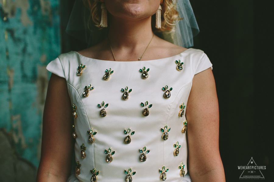 Bride with Pineapples on dress _Wedding Breakfast_Caroline_Gardens_Asylum_chapel_Alternative_Wedding_Photography_Bridal Portraits