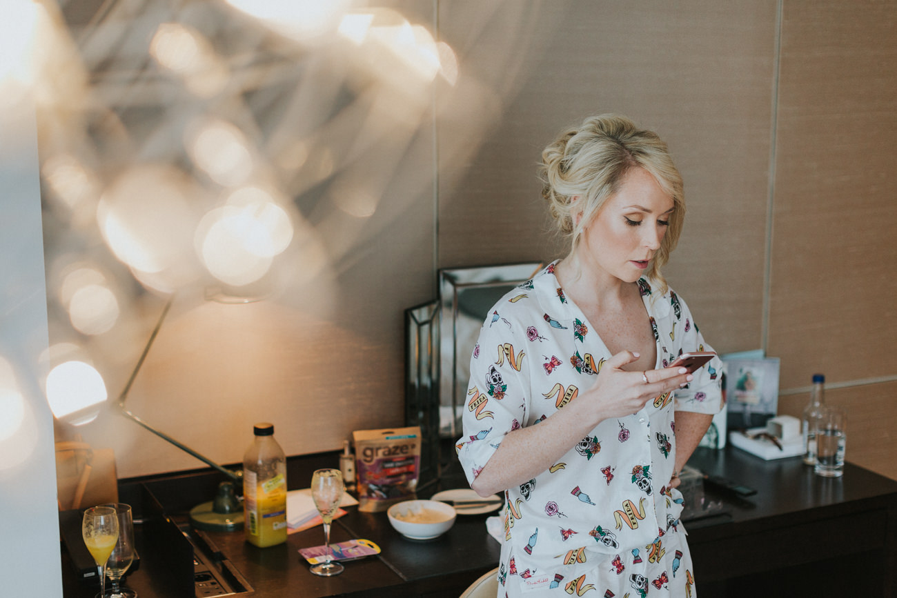 Bride getting ready in the morning of her wedding day.