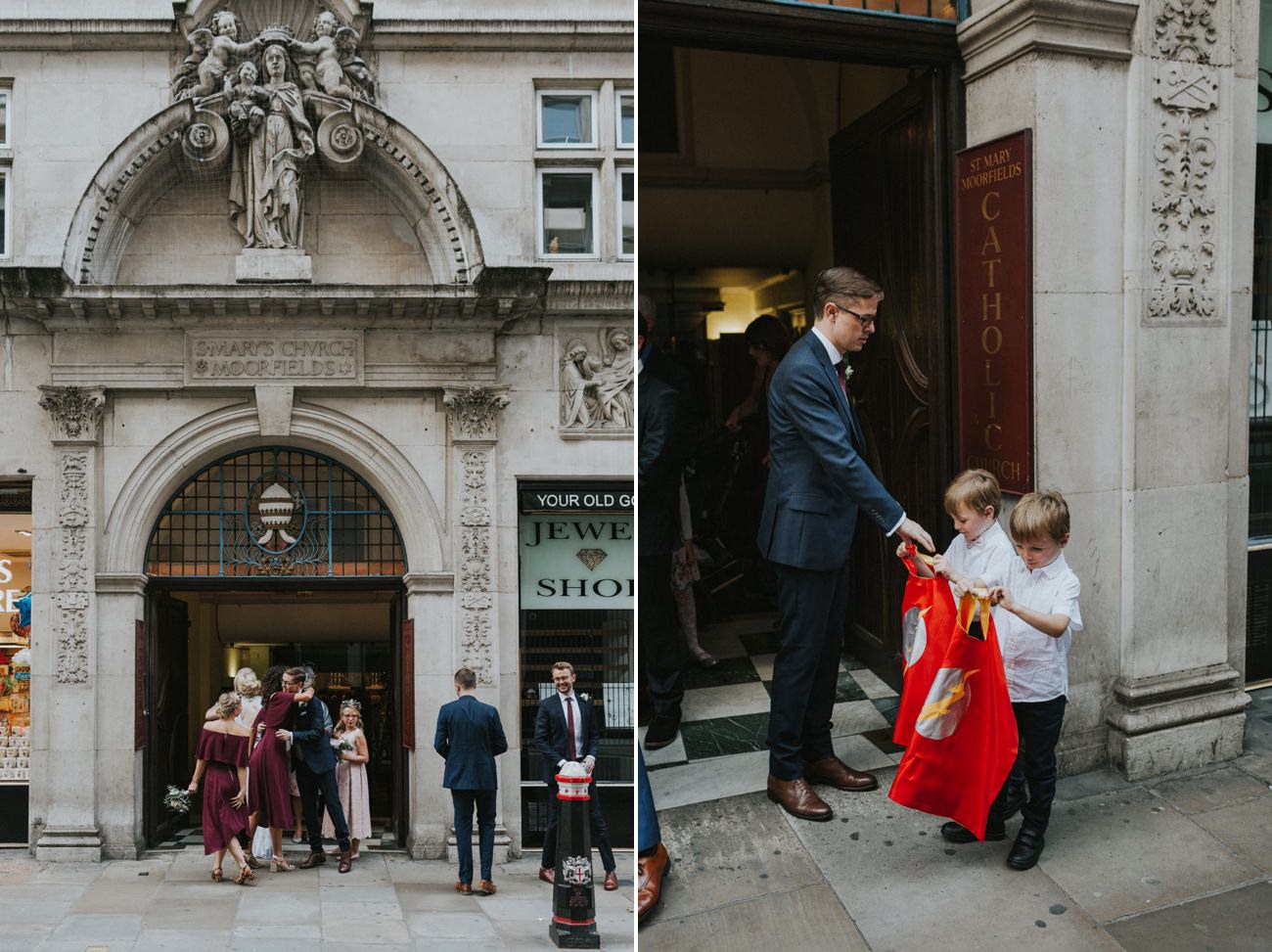 Weeding guests outside St Mary Moorfields Church in London.