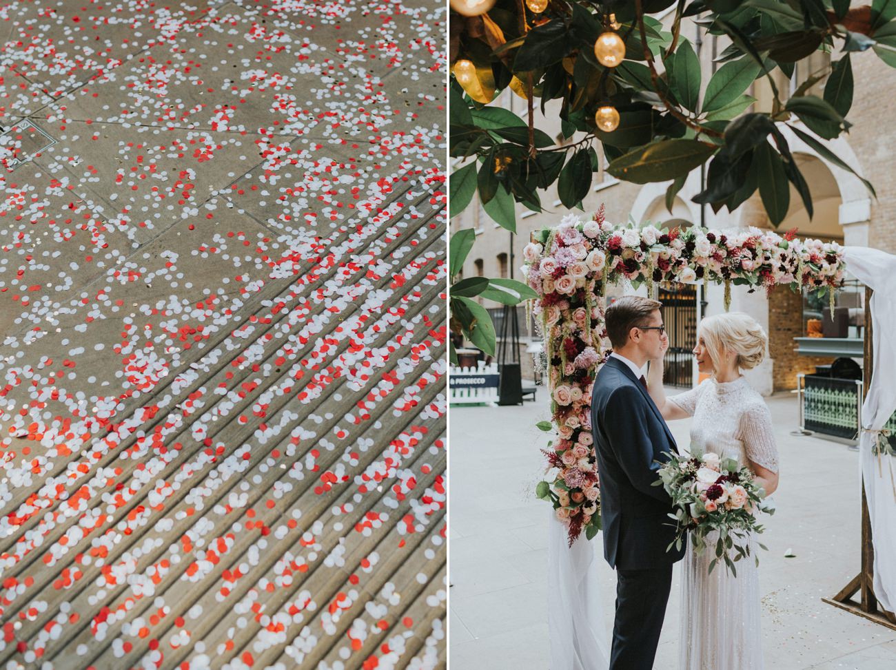 Confetti on the floor and a newlywed couple under an arch or roses.