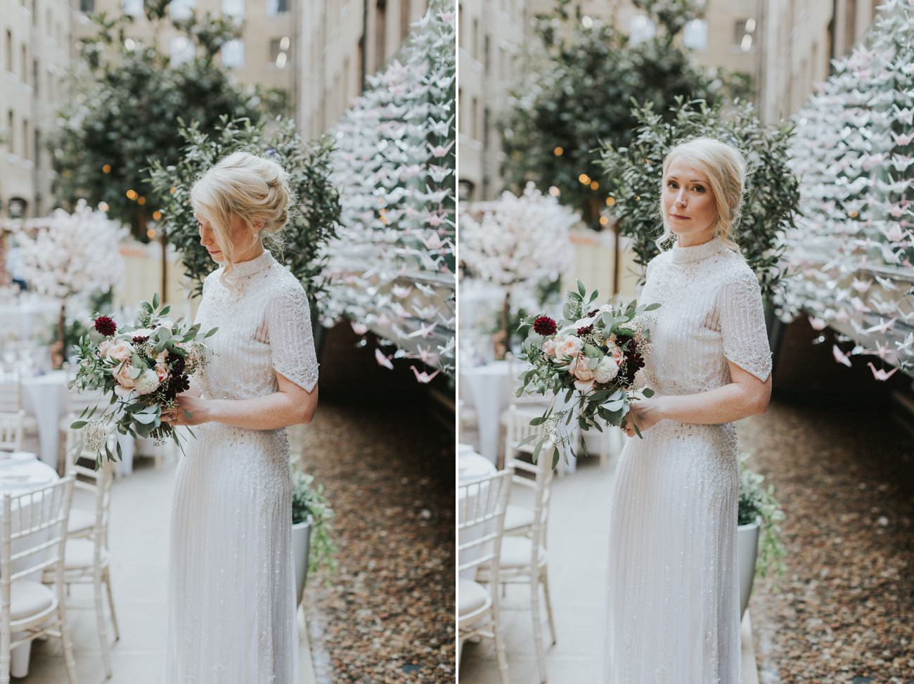 Portraits of a bride in white dress holding and looking at her bouquet.
Devonshire Terrace Wedding London Alternative Wedding Photographer