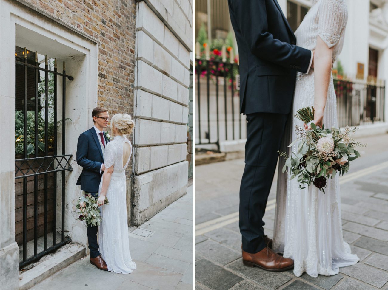 Bride and groom standing facing each other in a London street.
Detail of a bouquet and wedding dress.