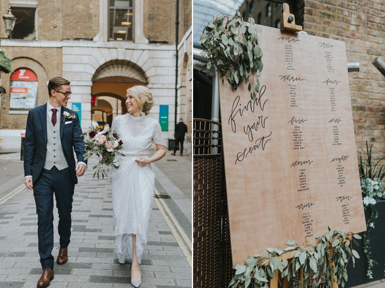 Bride and groom walking in London streets.
Sitting plan for guests at a wedding.