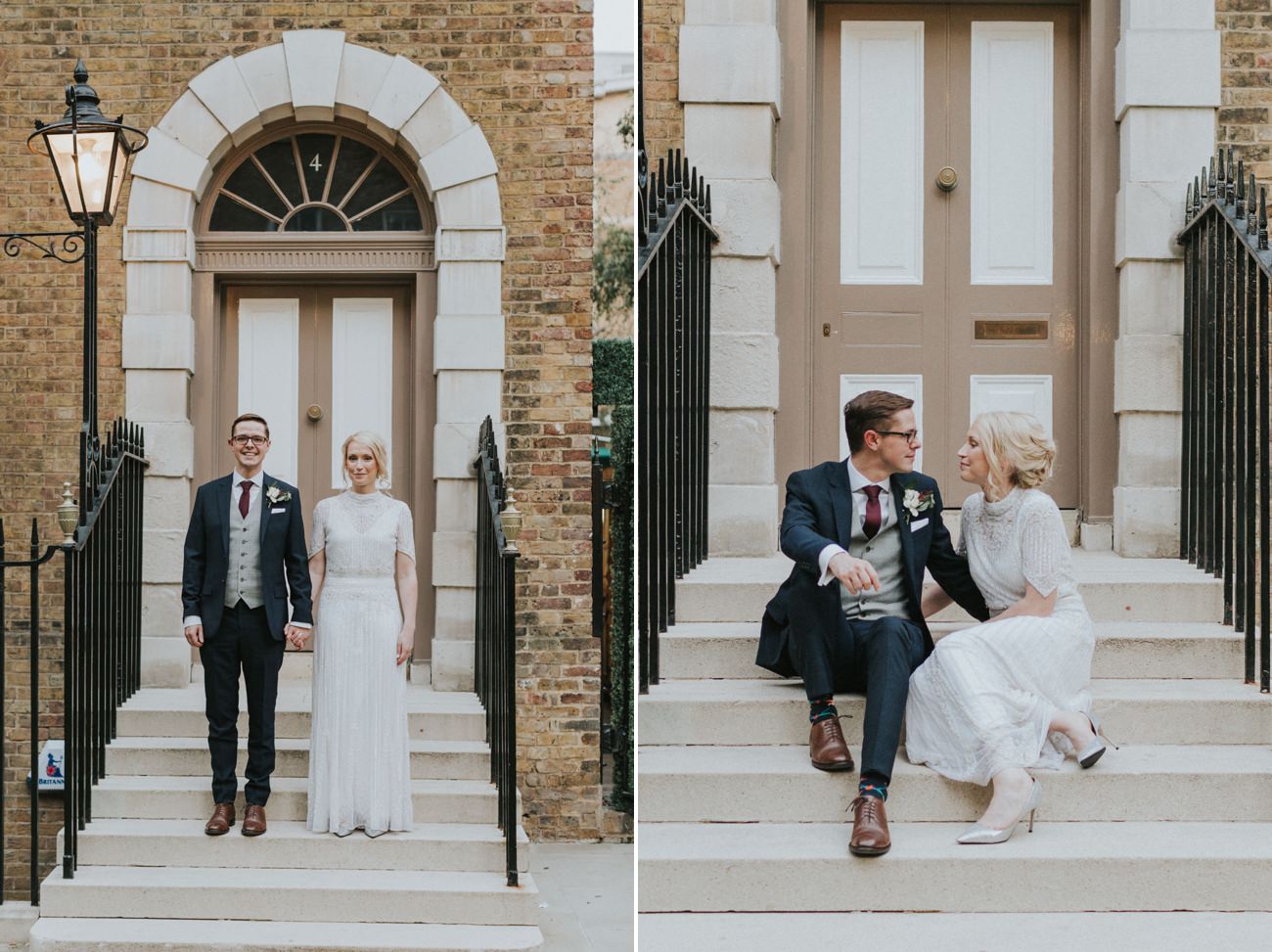Portraits of bride and groom in front of a door in London. They are sitting and staring at each other and standing looking into the camera.
Devonshire Terrace Wedding London Alternative Wedding Photographer