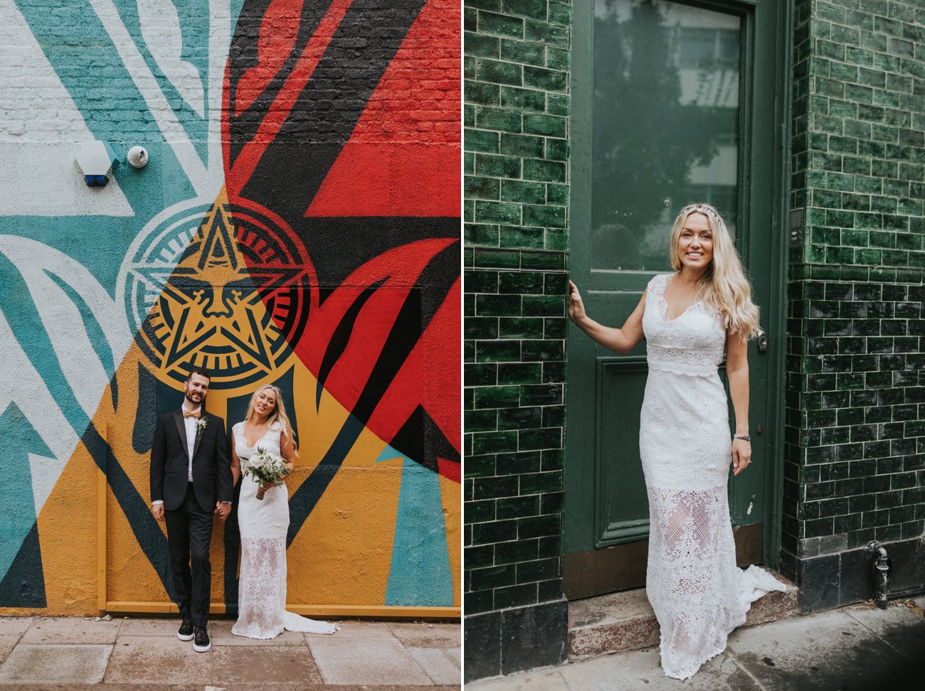 Beautiful Bride and street art London Micro Wedding Hackney Town Hall Bride and groom Portraits in arty Shoreditch Alterntive Wedding Photographer We Heart Pictures