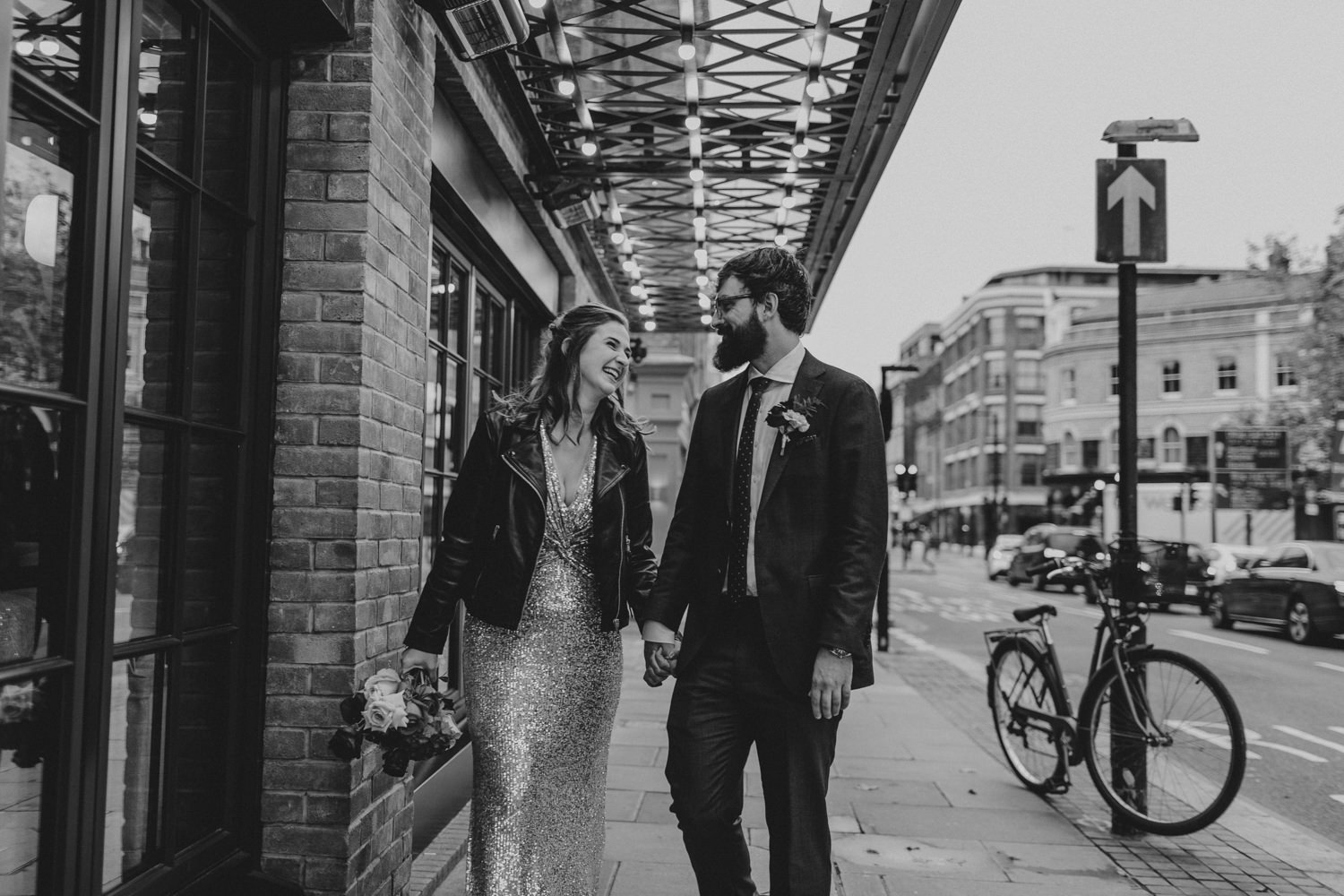 Bride and Groom in front of the Mondrian Hotel / London Alternative Wedding Photographer.