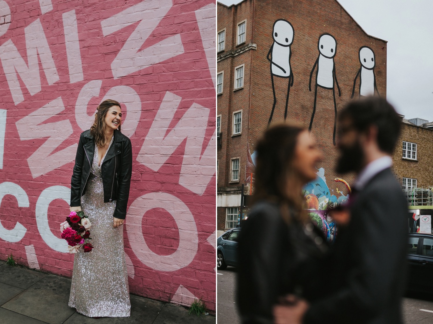 Newlyweds in the streets of London during their photoshoot.