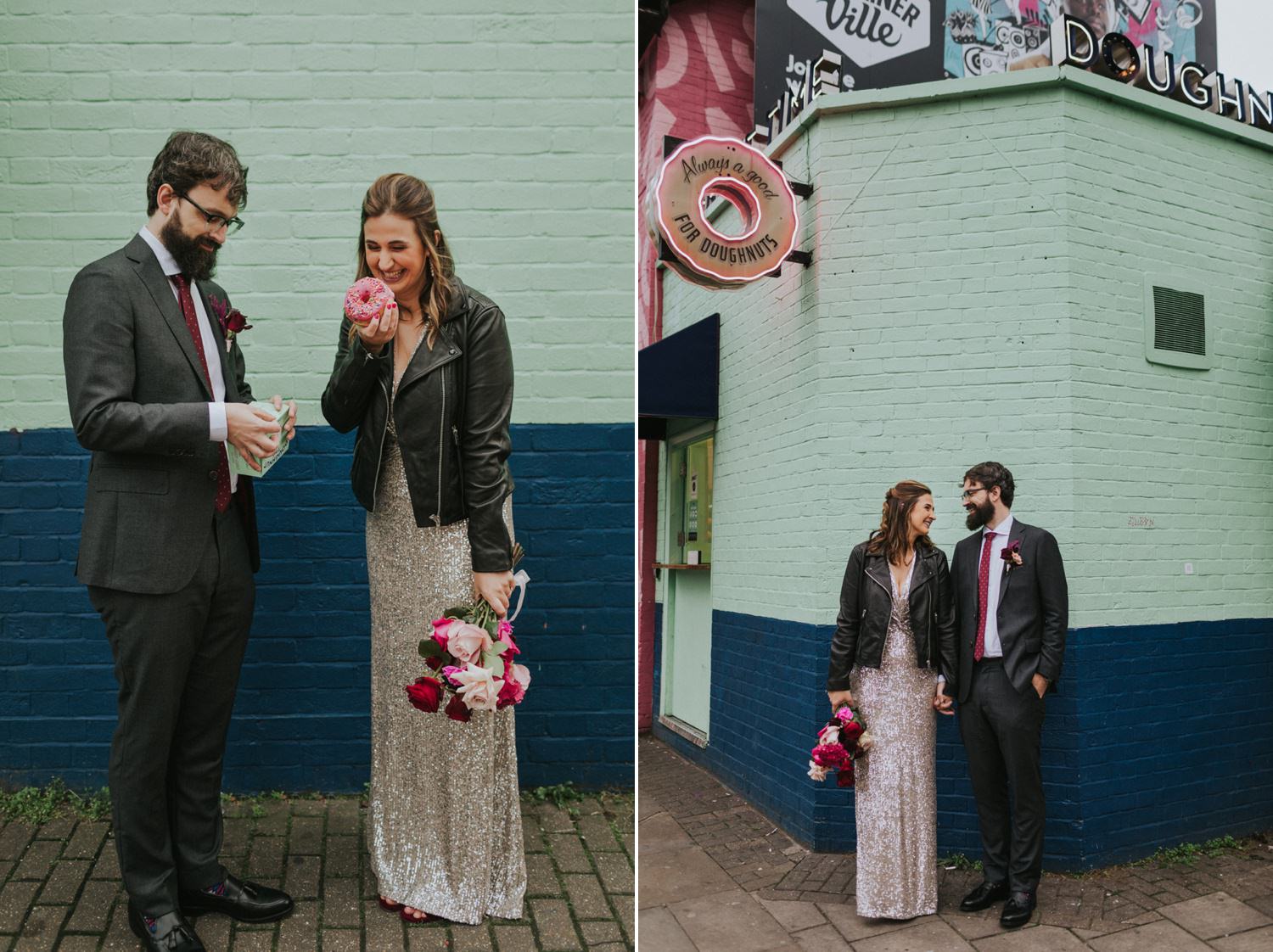 Bride and Groom in front of a doughnut shop t in East London. 