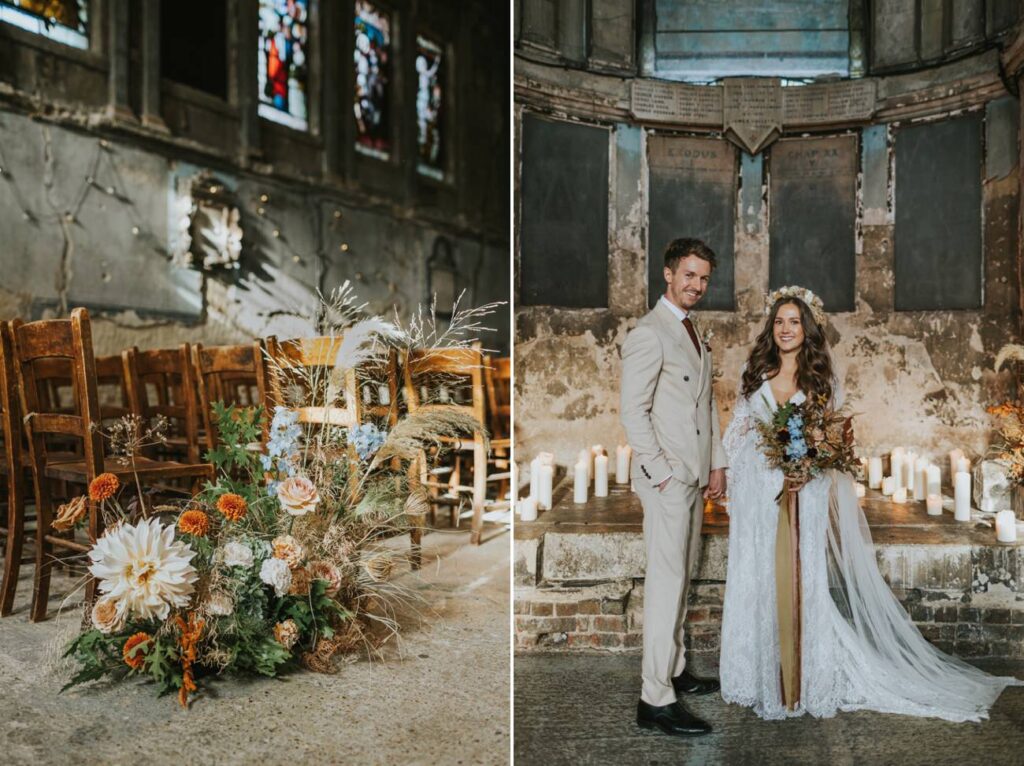 Bride and groom portraits at London Boho Wedding - AMP Studios - Asylum Chapel London Alternative Wedding Photographer- We Heart Pictures