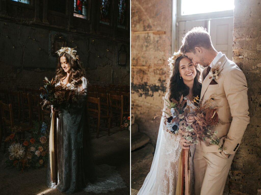 Bride and groom portraits at London Boho Wedding - AMP Studios - Asylum Chapel London Alternative Wedding Photographer- We Heart Pictures
