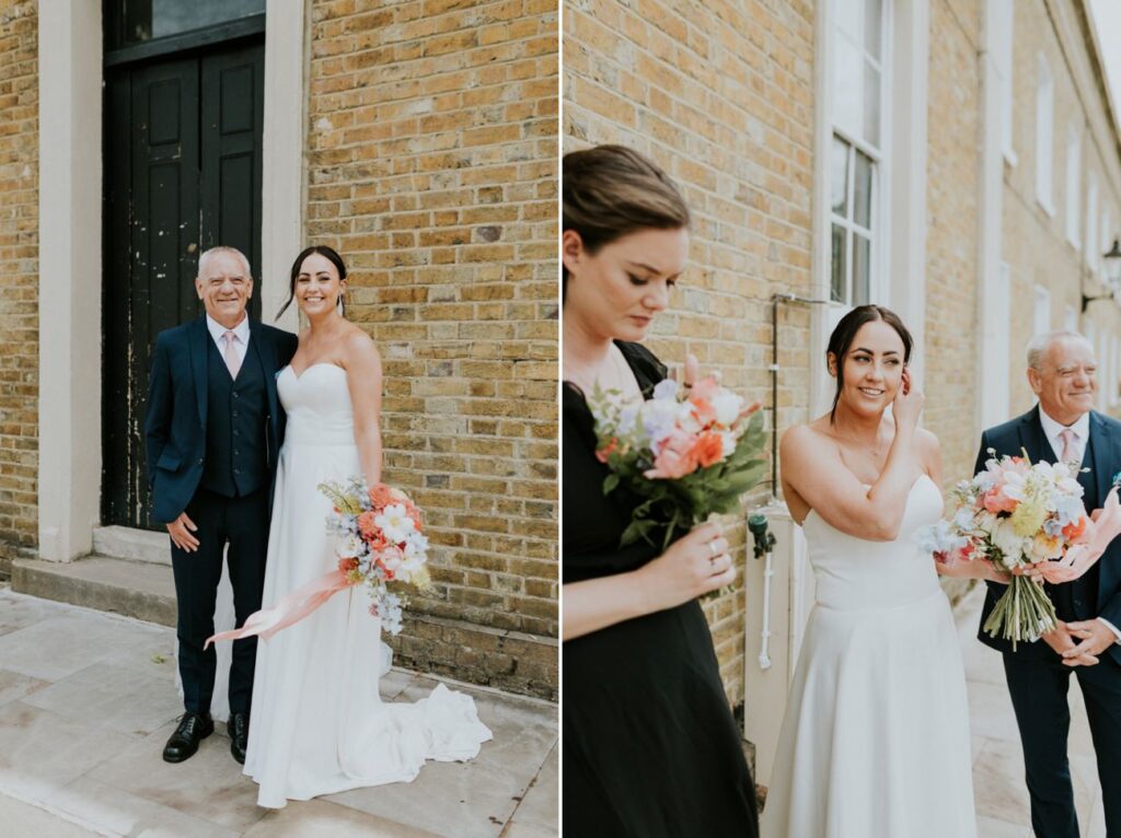 Father ad Bride waiting outside the chapel -London Wedding Ceremony at Asylum Chapel in Caroline Gardens - Alternative Wedding Photography We Heart Pictures