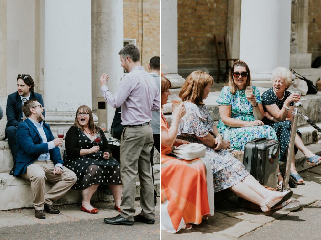 Guests relaxing at London Wedding Ceremony at Asylum Chapel in Caroline Gardens - Alternative Wedding Photography We Heart Pictures