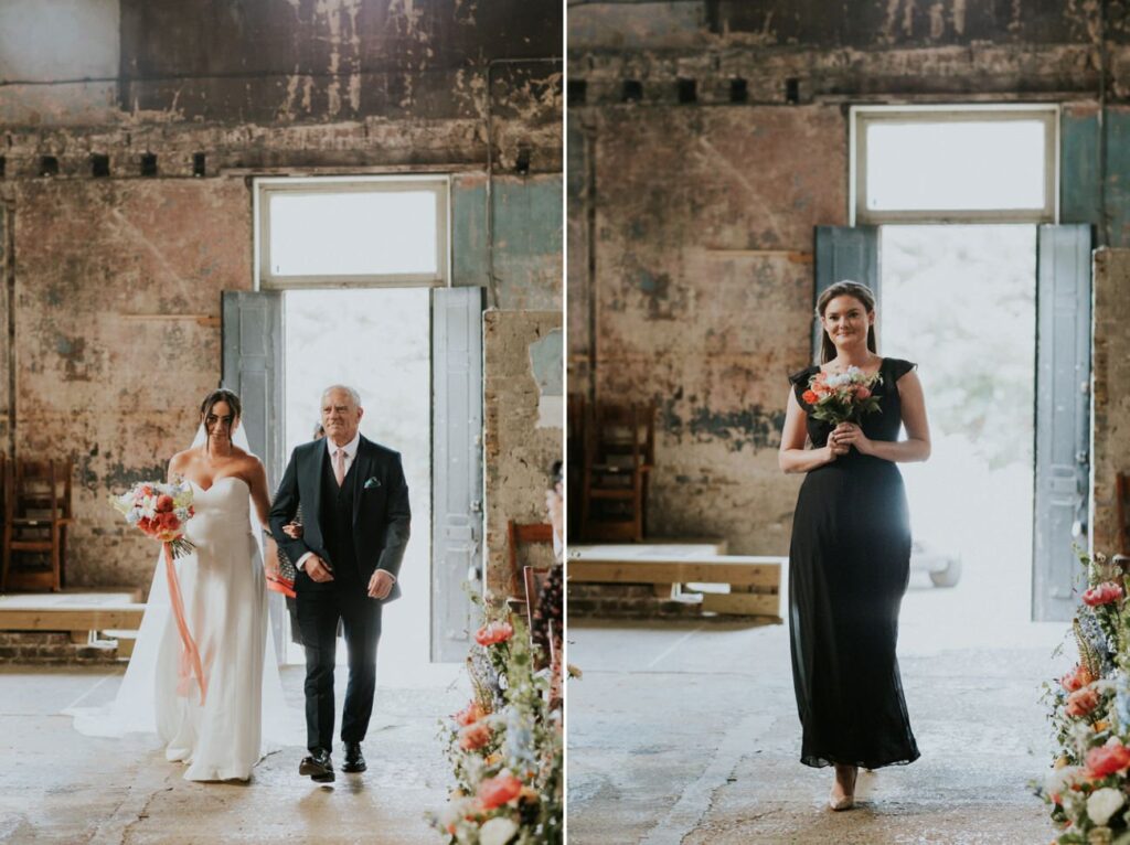 Bride and Bridesmaid walking down the aisle -London Wedding Ceremony at Asylum Chapel in Caroline Gardens - Alternative Wedding Photography We Heart Pictures
