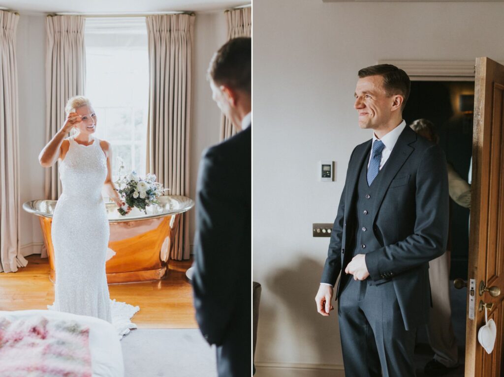 First Look between bride and groom before their ceremony, Bingham Riverhouse Wedding Photographer