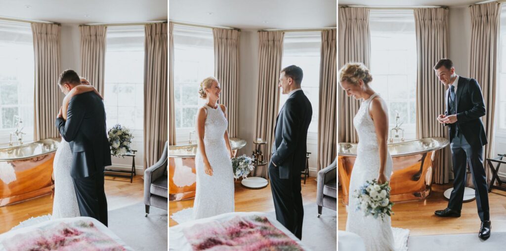 First Look between bride and groom before their ceremony, Bingham Riverhouse Wedding Photographer