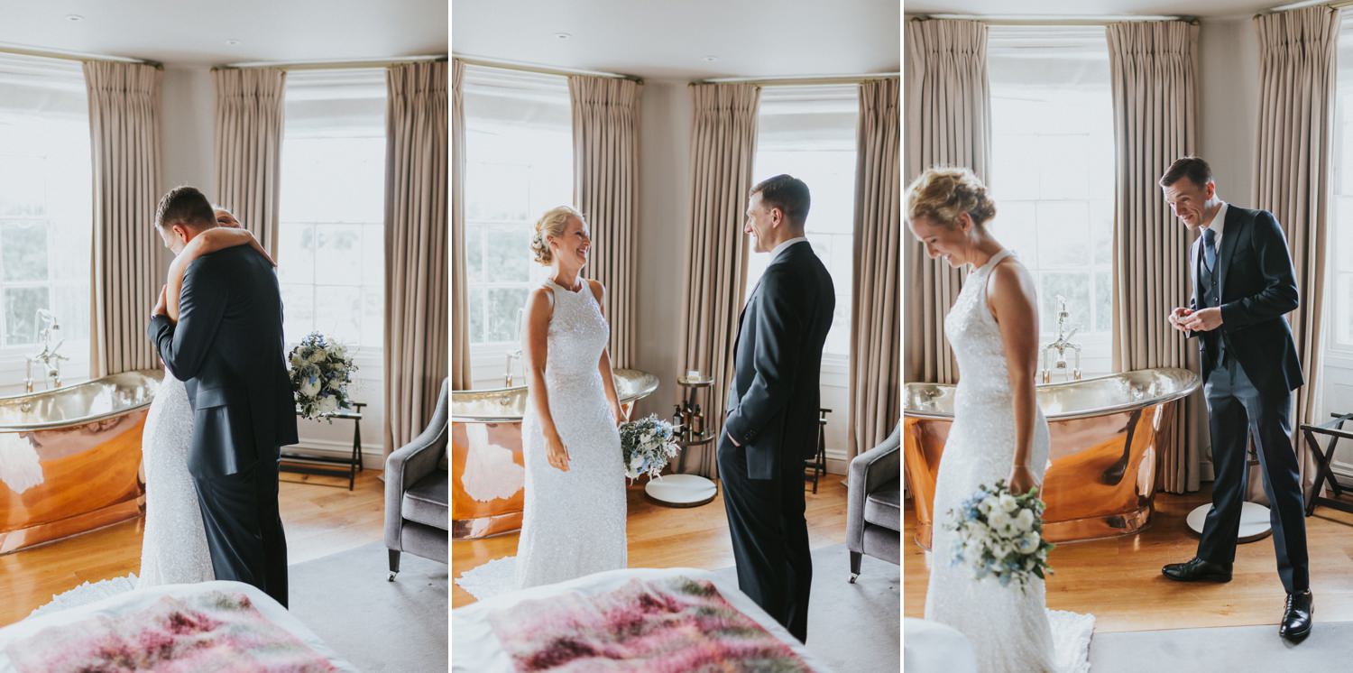 First Look between bride and groom before their ceremony, Bingham Riverhouse Wedding Photographer