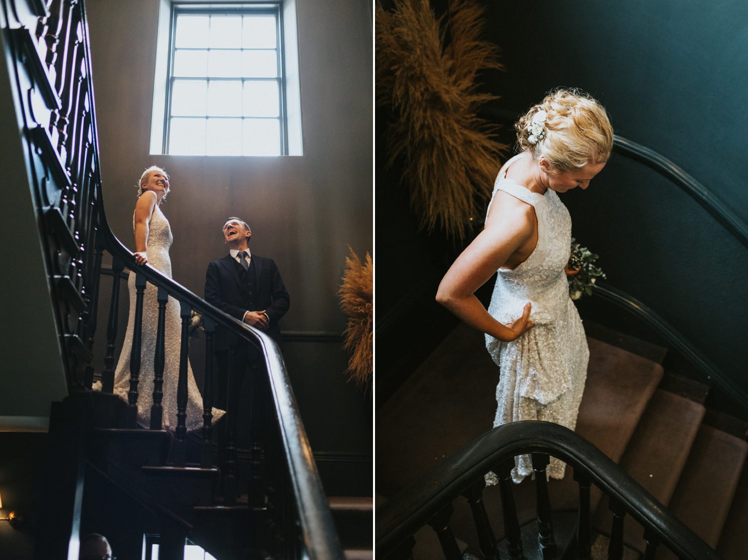 Bride and groom walking downstairs to the ceremony, Bingham Riverhouse Wedding Photographer