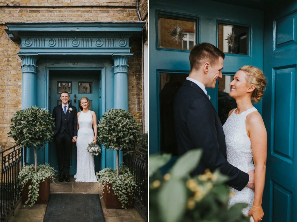 Bride and Groom in from of Bingham Riverhouse hotel, London Alternative Wedding Photographer