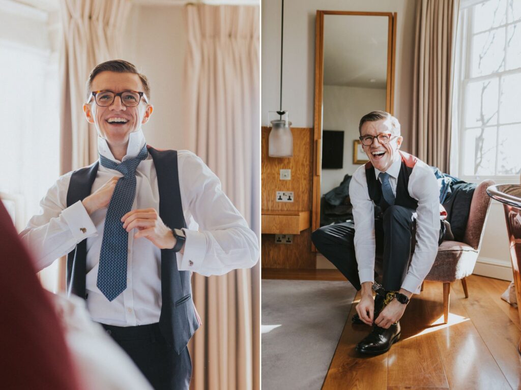 Groom preparations in the hotel room, Bingham Riverhouse Wedding Photographer