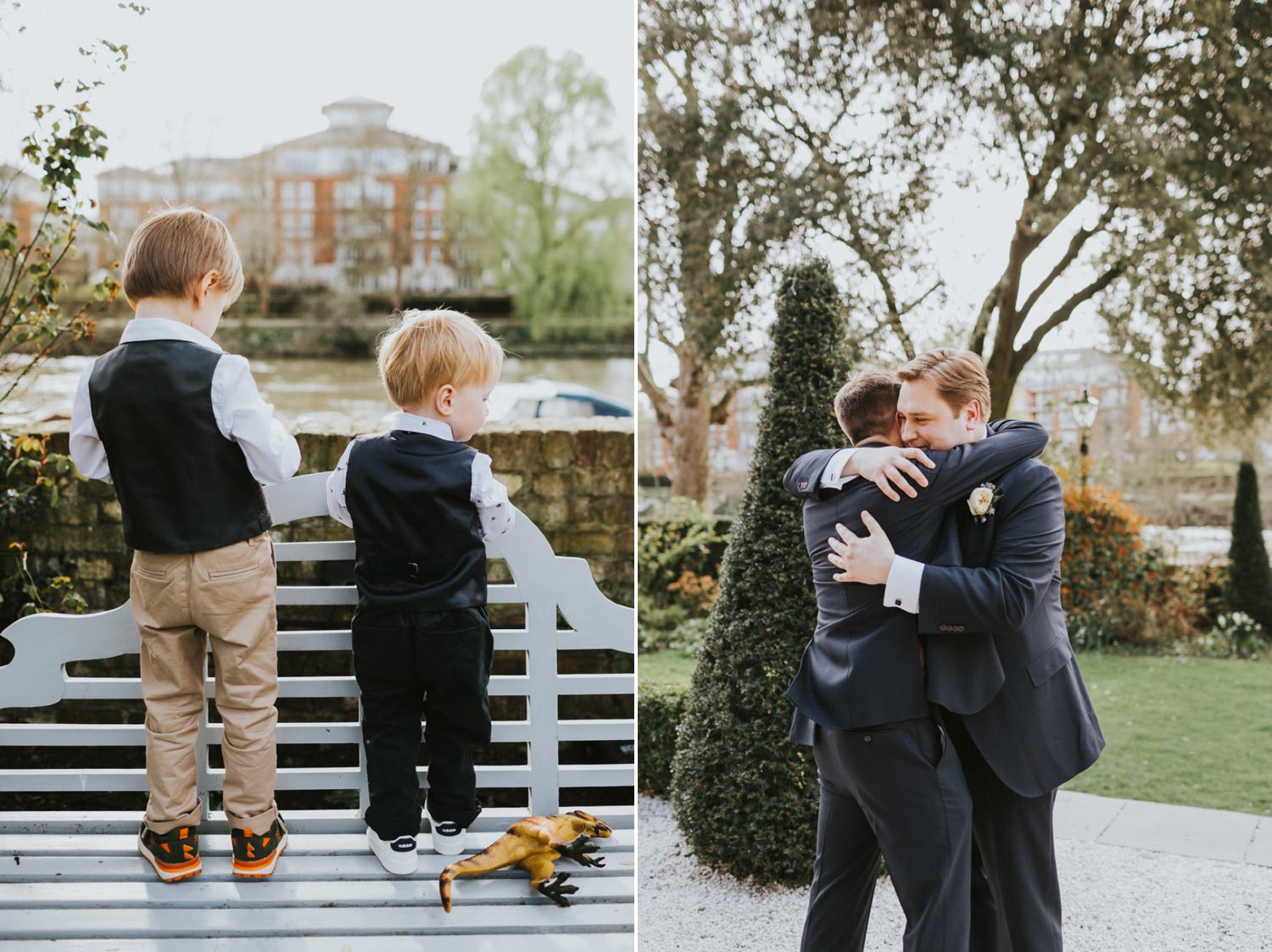 Groom and best Man hugging, Bingham Riverhouse Wedding Photographer, London Alternative Wedding Photography