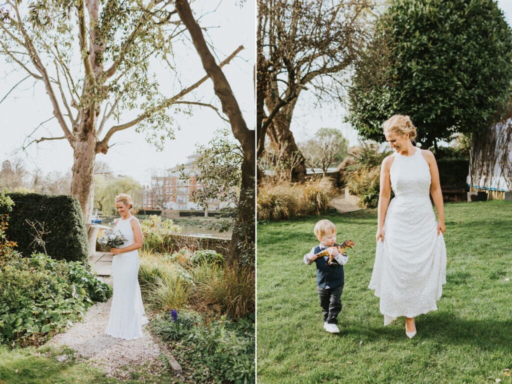 Bride and Groom portraits by the Thames, London Bingham Riverhouse Wedding Photographer,