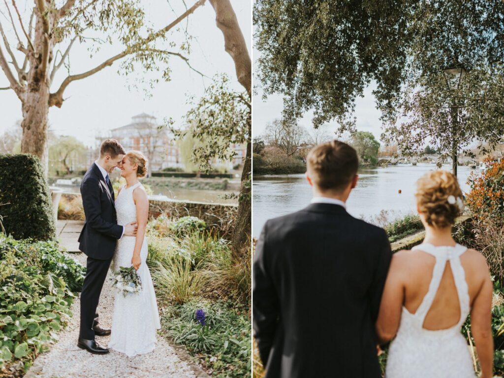 Bride and Groom portraits by the Thames, London Bingham Riverhouse Wedding Photographer,