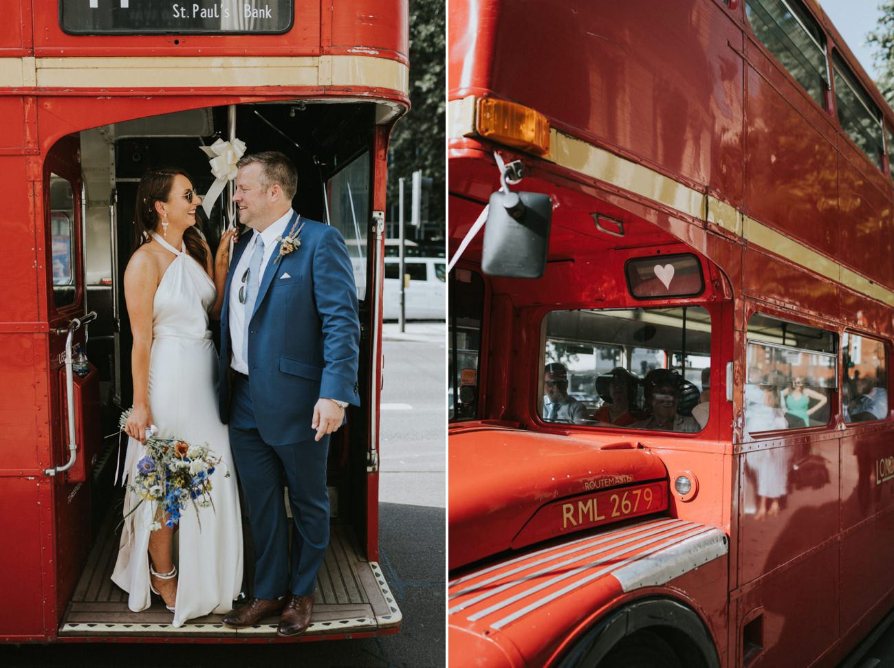 Bride and Groom on double decker bus. London wedding at Old Marylebone Town Hall and Petersham Nurseries in Covent Garden Alternative Wedding Photographer We Heart Pictures