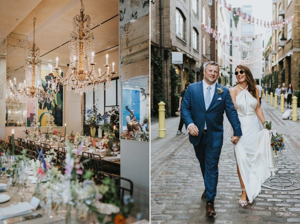 Bride and Groom in Covent Garden. London wedding at Old Marylebone Town Hall and Petersham Nurseries in Covent Garden Alternative Wedding Photographer We Heart Pictures