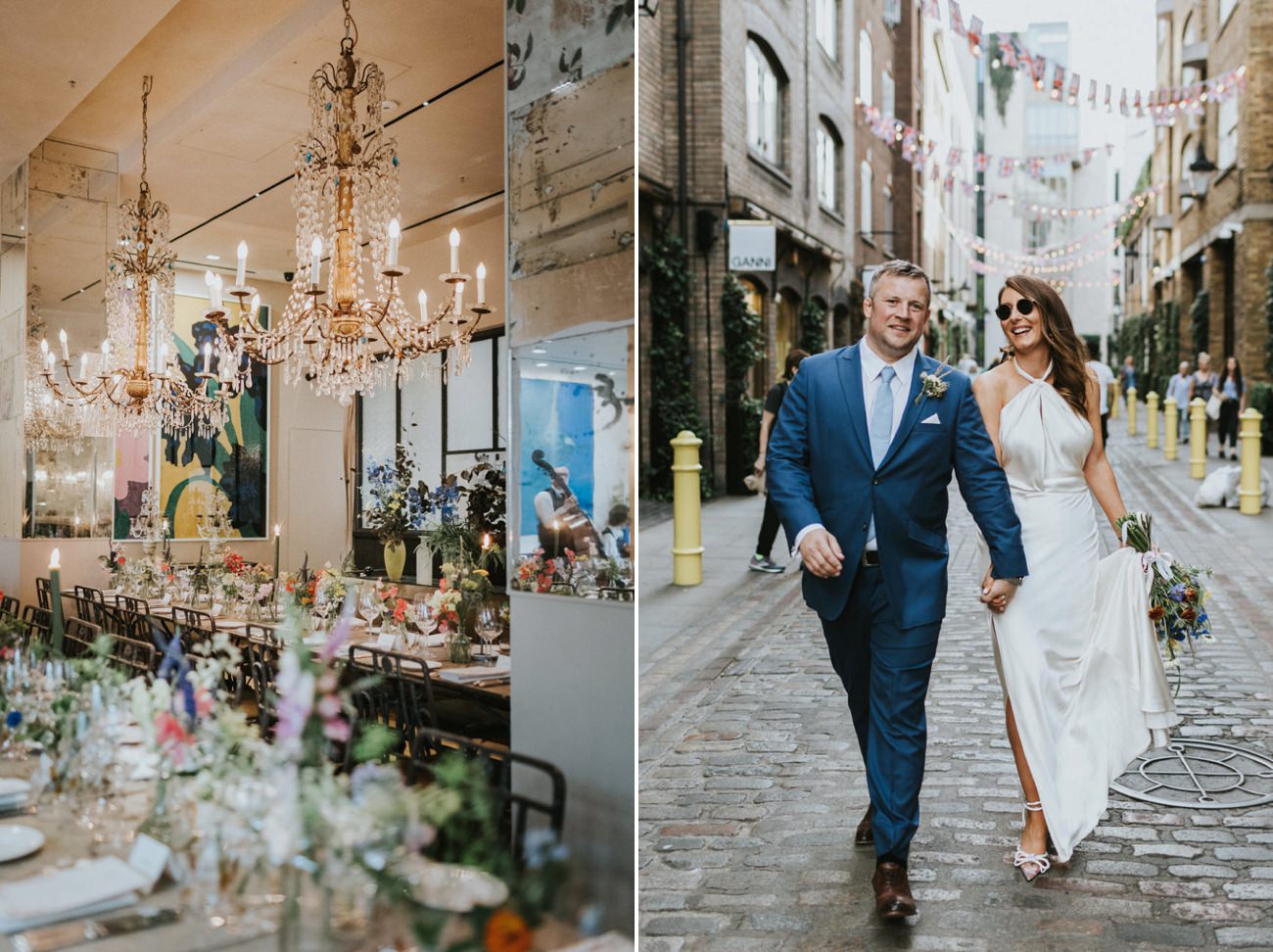 Bride and Groom in Covent Garden. London wedding at Old Marylebone Town Hall and Petersham Nurseries in Covent Garden Alternative Wedding Photographer We Heart Pictures
