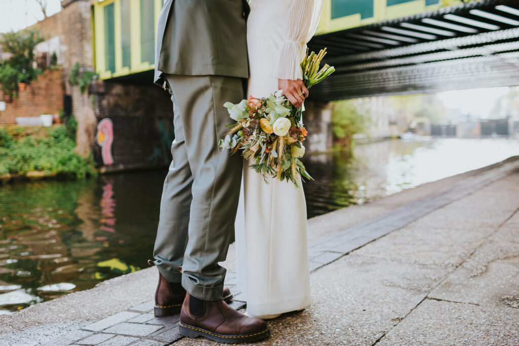 London Islington Town Hall and LARDO / Alternative Wedding Photographer / Hackney Canal Bride and Groom Portraits.
