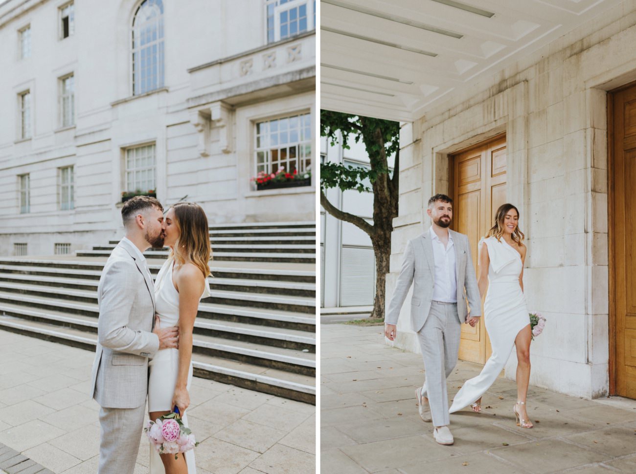 Bride and groom kissing and walking in front of Hackney Town Hall after their Elopement ceremony.