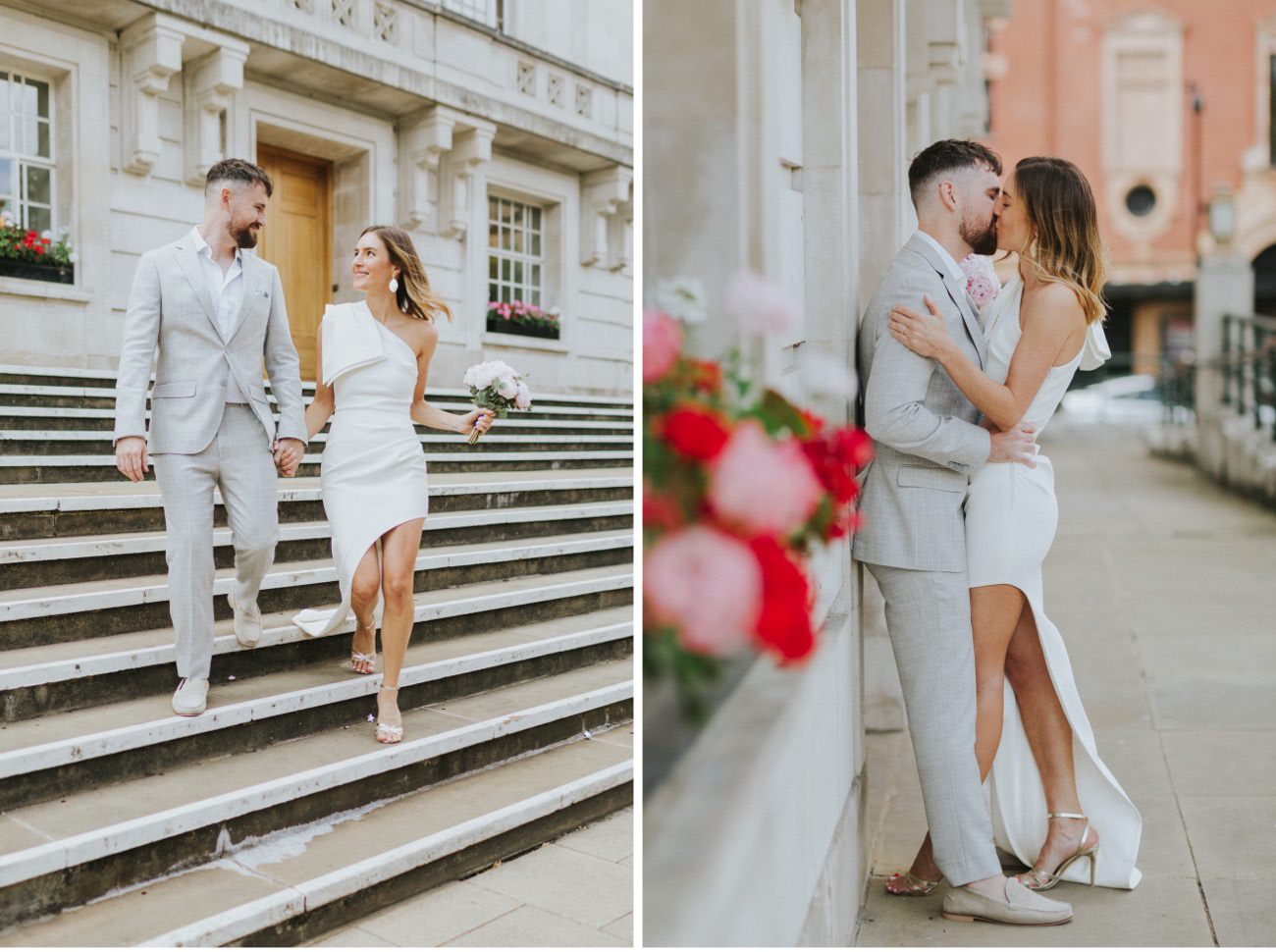 Bride and groom kissing and walking in front of Hackney Town Hall.