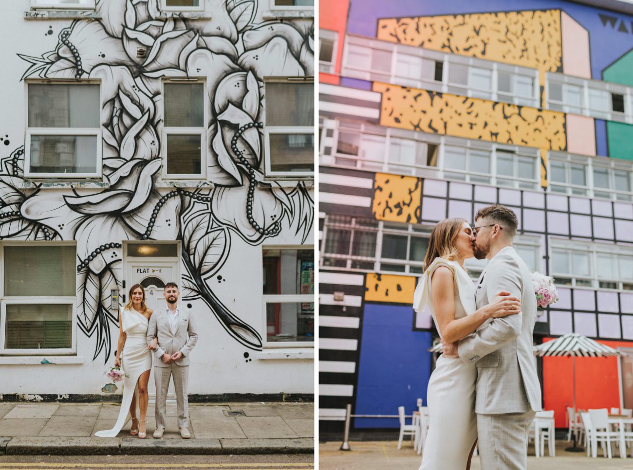 Bride and Groom kissing in front of street art in Shoreditch London.