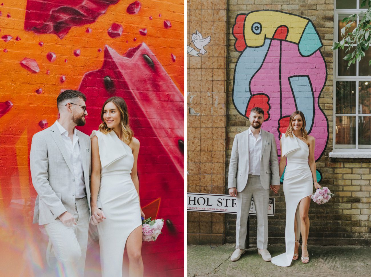 Bride and Groom portraits in front of street art in Shoreditch London.