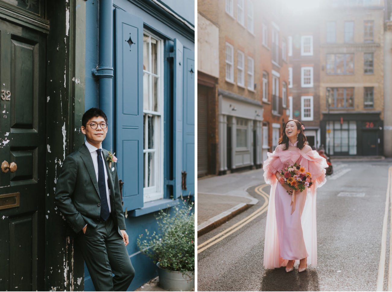 portraits in London Street of Bride and groom in the afternoon light