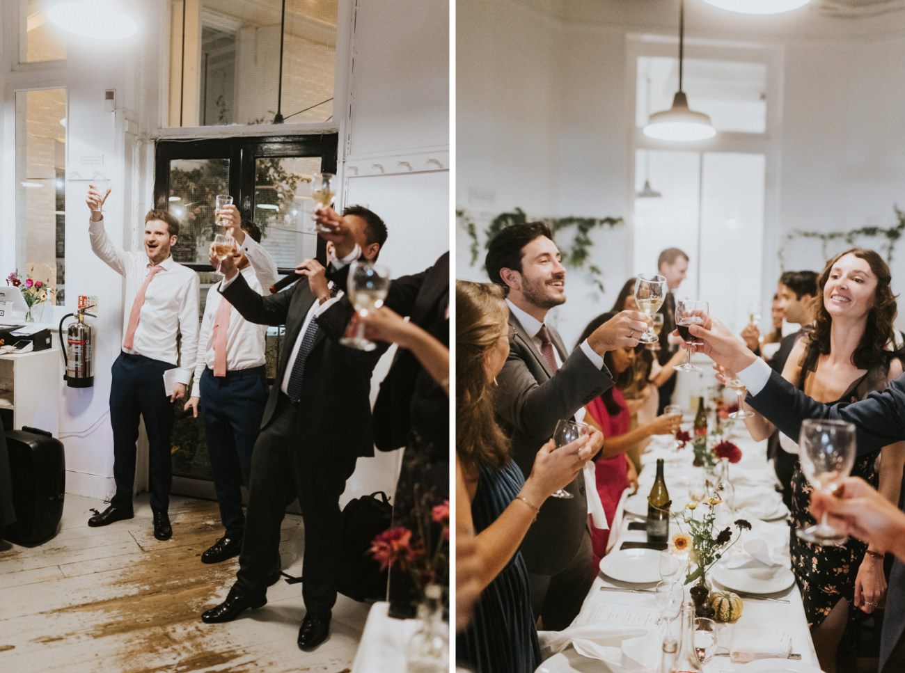 Guests toast the bride and groom in a laughter filled room. 