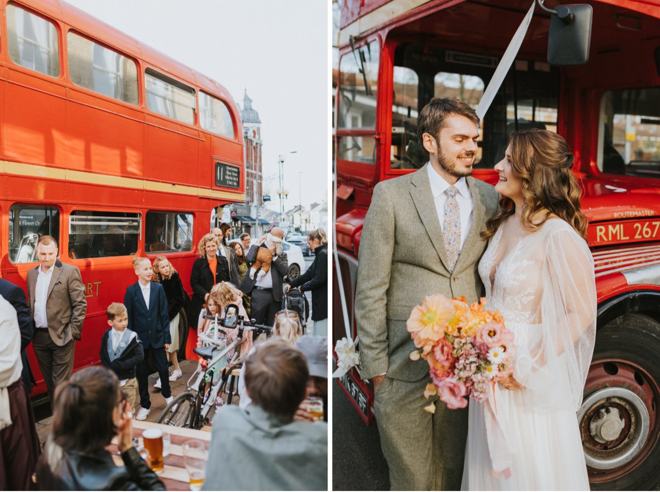 Bride and groom portraits, London bus portrait