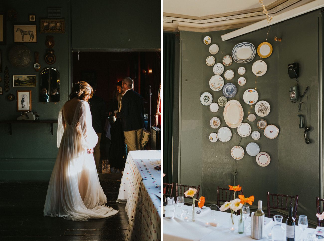 Plates adorn wall at East Dulwich Tavern, Bride stands in sunlight